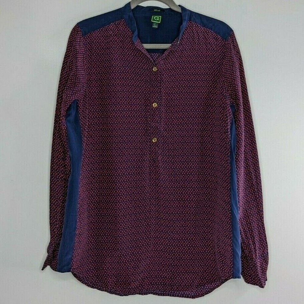 C Wonder L 100% Silk Navy Blue Pink Printed Long Sleeve Shirt Blouse